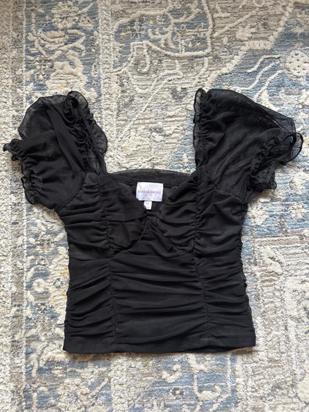 Ruched Black Puff Sleeve Crop Top by Honey and Sparkle